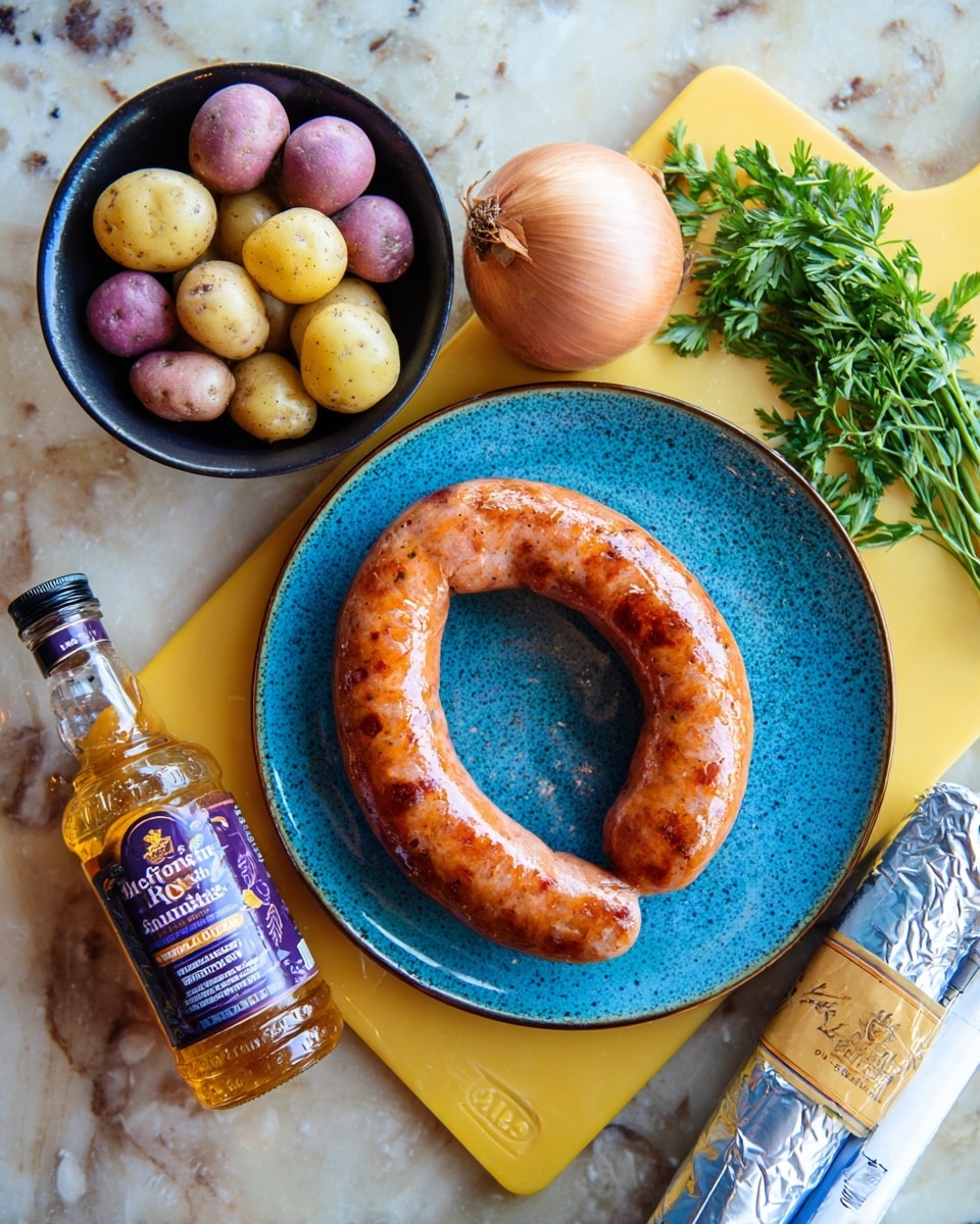 The image shows a blue speckled plate in the center with a large, curved orange sausage placed on it. The plate is on a bright yellow cutting board, which also holds a whole brown onion and a few green parsley sprigs to the upper right of the plate. To the left of the cutting board, there is a black bowl filled with a mix of small yellow and purple potatoes. Below the bowl, there are two bottles: one is mostly honey with amber-colored honey inside, and the other is a bottle of spicy brown mustard with a yellow and purple label. On the right side of the cutting board, there are rolls of blue and white parchment paper and foil. All items are placed on a white marbled textured surface. photo taken with an iphone --ar 4:5 --v 7