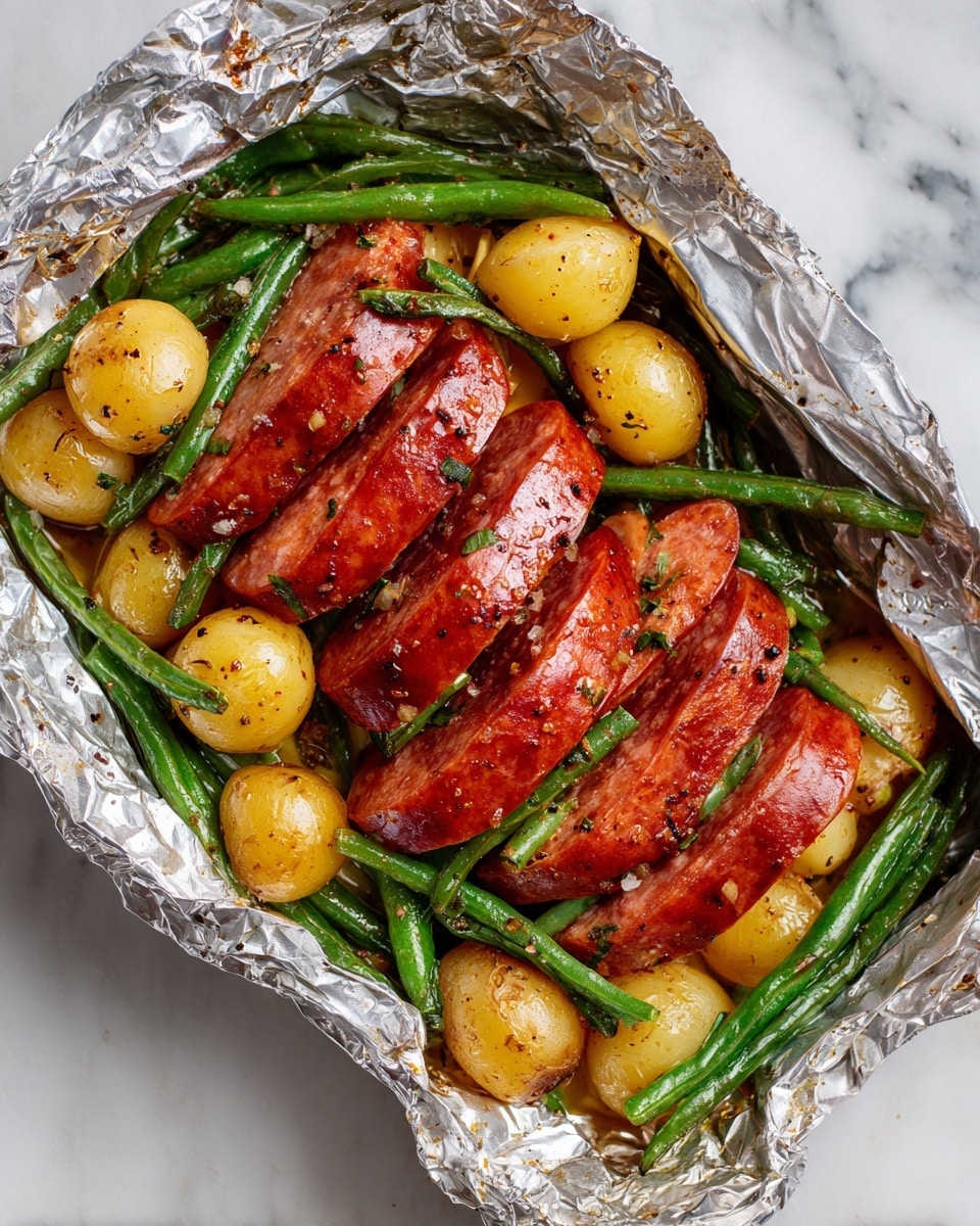 The image shows a foil packet filled with cooked food, placed on a white marbled surface. Inside the foil, there are several thick slices of reddish-orange sausage with a slightly charred texture, mixed with long green beans and small round yellow potatoes that have a light roasted color and sprinkled seasoning. The foil is crinkled slightly around the food, creating a rustic look, and the sausage slices are stacked lightly on top of the vegetables with vibrant colors contrasting against the shiny silver foil. Photo taken with an iphone --ar 4:5 --v 7