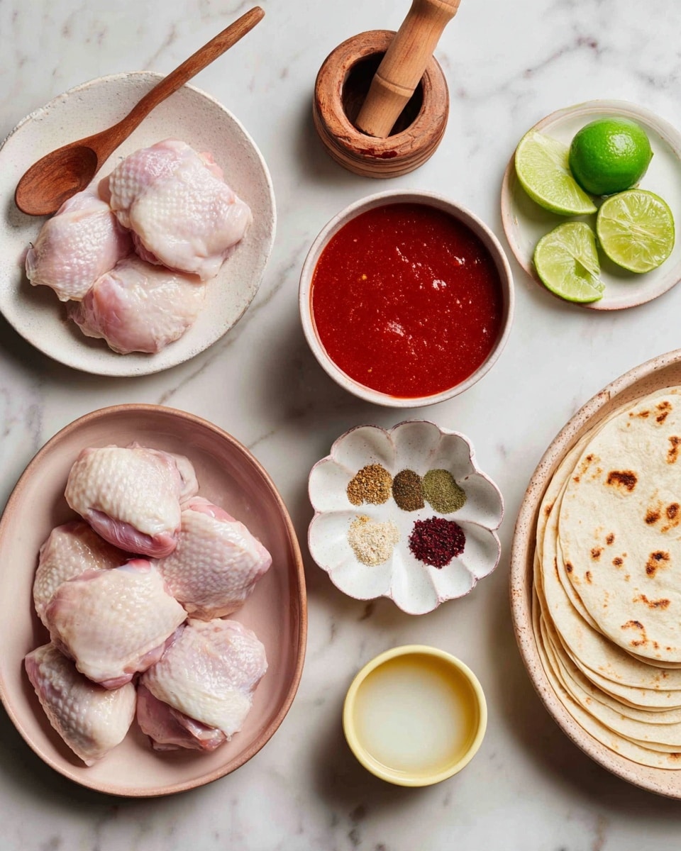 The image shows a white bowl filled with raw, pale pink chicken thighs on the left side; above it is a round white plate with bright red smooth sauce and a wooden spoon resting in it. Next to that, a small white flower-shaped dish holds three piles of different dry spices in green, brown, and dark red shades. On the top right, a white plate has fresh green lime wedges and a wooden citrus reamer pressing into one lime half. Below this plate, a small round pink-white plate holds several pale garlic cloves with purple skins. To the right side, there is a small white cup with a brown rim filled with white liquid, a small yellow bowl with a shiny light gold liquid, and a white plate with stacked lightly browned tortillas. All items are on a white marbled textured surface. Photo taken with an iphone --ar 4:5 --v 7