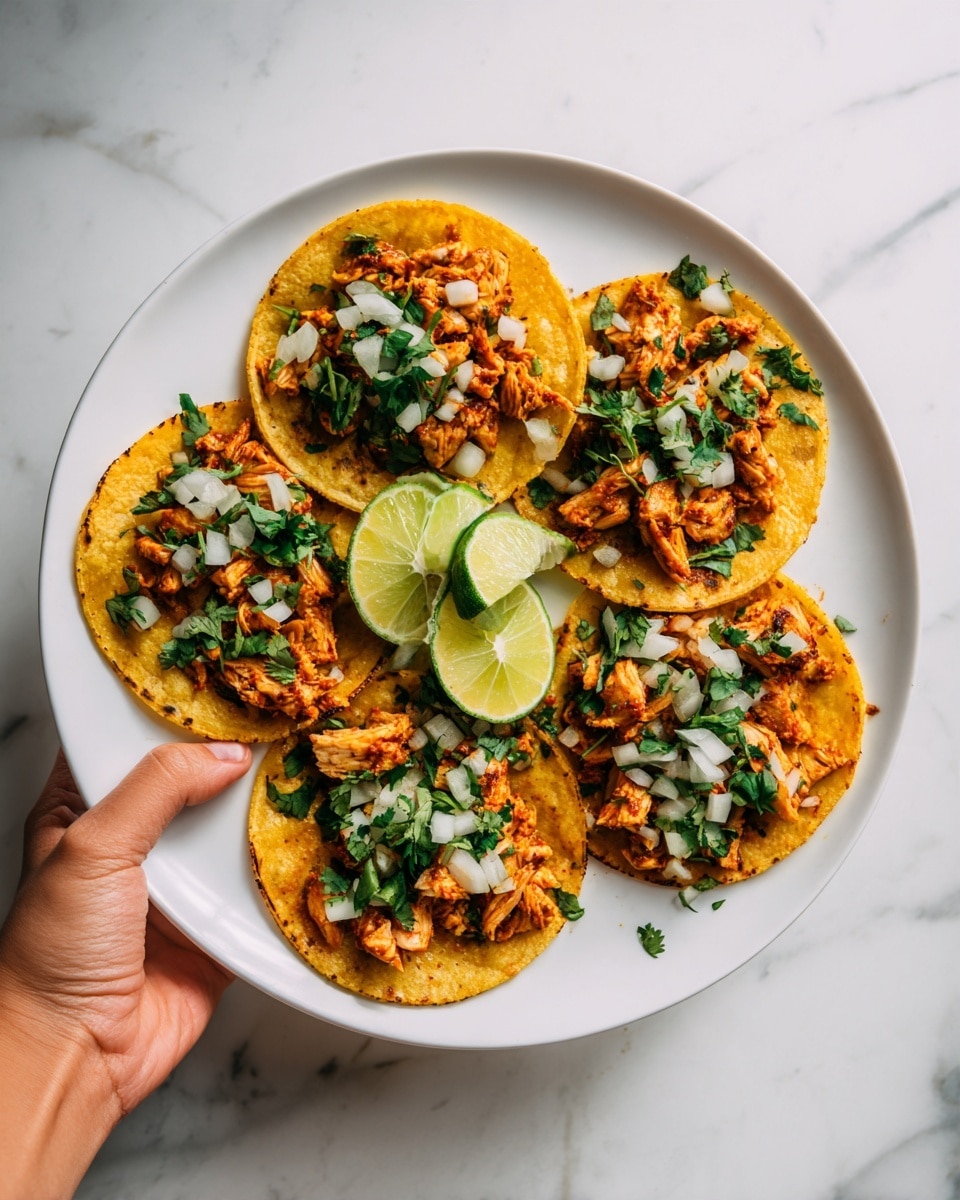 A white plate holds five small round tacos arranged evenly, each with a base of slightly browned yellow corn tortillas. On each tortilla, there is a layer of diced cooked chicken, browned with a slightly crisp texture. On top of the chicken, there is a mix of small chopped white onions and bright green cilantro leaves scattered across all the tacos. Two lime wedges sit on the plate, adding a fresh contrast. The plate is held by a woman's hand against a white marbled textured background. photo taken with an iphone --ar 4:5 --v 7