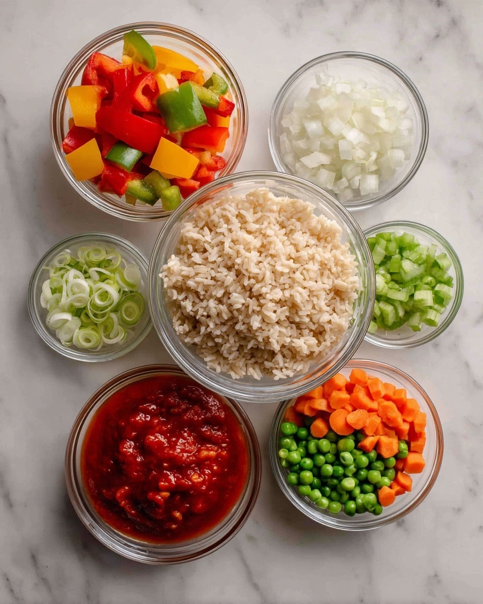 The image shows six clear glass bowls placed on a white marbled surface. The biggest bowl in the center contains light brown cooked rice with a fluffy texture. Surrounding it are five smaller bowls: the top one has a mix of bright red, yellow, and orange bell pepper pieces with green pepper bits; the left bowl has chopped white onions; the right bowl contains light green celery pieces; the bottom right bowl is filled with green peas and small orange carrot cubes; the bottom bowl shows a thick red tomato sauce with visible tomato chunks; and the smallest bowl on the left holds thinly sliced light green scallions. All bowls appear neat and fresh. Photo taken with an iphone --ar 4:5 --v 7
