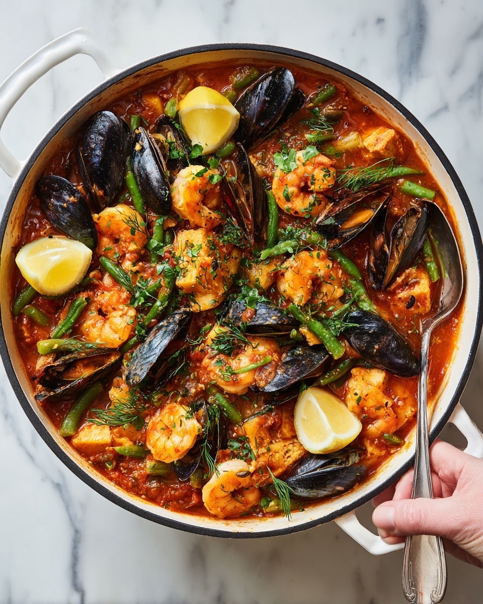 A large round white pot filled with a colorful seafood dish featuring three main layers: the bottom layer is a rich reddish-orange sauce with visible chunks of tomatoes and green beans; on top of this sauce are many pieces of light orange fish chunks evenly spread throughout; scattered among the fish are numerous small pink shrimp and black mussels with partially open shells; the dish is garnished with finely chopped green herbs sprinkled all over and three lemon wedges placed on the edge of the pot; a silver spoon rests on the side and a woman's hand holds the pot from the bottom against a white marbled background. photo taken with an iphone --ar 4:5 --v 7