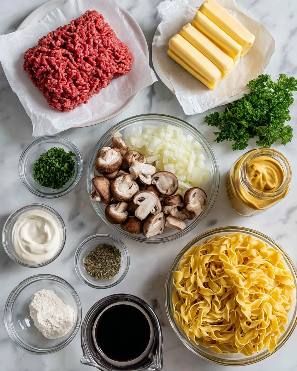 The image shows several layers of cooking ingredients arranged on a white marbled surface. From the top left, there is a layer of raw red ground meat placed on white parchment paper over a white plate. Next to it, on the right, there is a layer of yellow butter sticks stacked on white paper, and below them a glass jar with smooth, swirl textured mustard. To the right edge, bright green flat leaves of parsley rest on the surface. Below the meat and mustard, a clear glass bowl holds a thick layer of sliced brown mushrooms with white interiors. Below that, smaller layers of diced white onions inside a glass bowl, green dried herbs in a small clear bowl, pale white flour in another small clear bowl, and dark soy sauce in a similar small bowl are placed. At the bottom left corner, there is a small bowl of thick white sour cream, and next to it, a measuring cup with dark broth. Finally, on the bottom right side, a large glass bowl is filled with a thin, layered pile of mustard-yellow uncooked egg noodles. Photo taken with an iphone --ar 4:5 --v 7