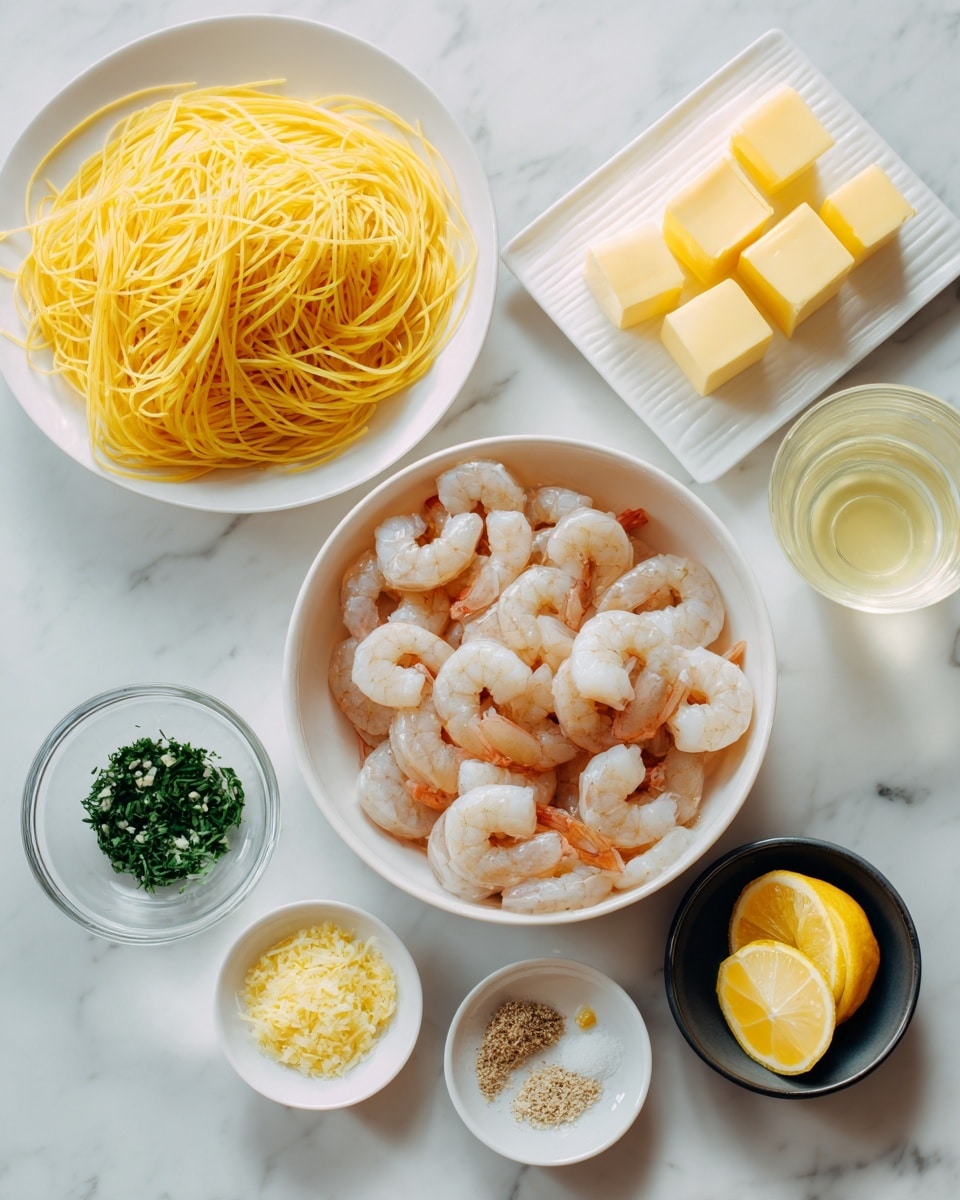 The image shows a white bowl full of uncooked shrimp placed in the center on a white marbled surface. Above it, there is a white plate with a large pile of yellow plain cooked spaghetti. To the top right, a white rectangular plate holds five cubes of light yellow butter. To the right of the shrimp bowl, there is a clear glass with light yellow liquid. Below the shrimp bowl, three small white saucers are placed in a horizontal line; from left to right, they contain minced garlic, a mix of white powdered spices, and bright yellow lemon zest. To the bottom left, a small clear bowl contains green chopped herbs, and next to it, a small black bowl holds two lemon wedges. The photo taken with an iphone --ar 4:5 --v 7