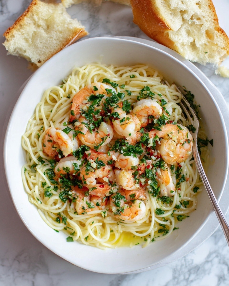 A white bowl filled with a base layer of plain spaghetti noodles, light yellow in color and smooth texture, topped with a generous layer of cooked shrimp with bright orange tails and a slightly pinkish-white body, sprinkled evenly with chopped green herbs and small bits of garlic. A silver fork rests on the edge of the bowl. Pieces of torn bread with a soft, airy texture sit nearby on a white marbled surface. photo taken with an iphone --ar 4:5 --v 7