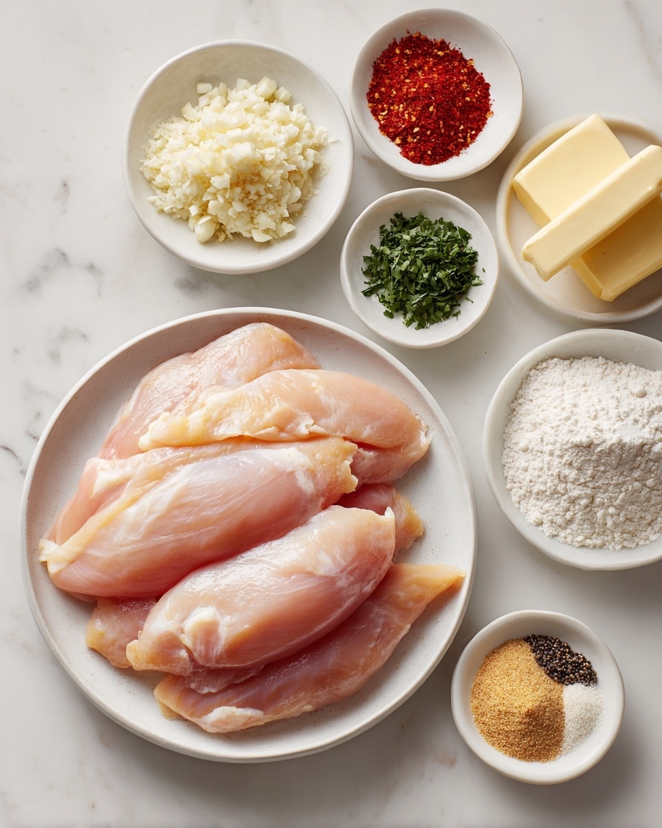 A large white round plate holds four raw chicken fillets, their pale pink skin smooth and slightly shiny, arranged in a layered fan shape with some edges overlapping. Surrounding the plate are six small white round bowls placed on a white marbled surface. The bowls contain different ingredients: one with finely chopped garlic that looks white and crumbly, one with vibrant red paprika powder that has a silky texture, one with fresh green chopped herbs, another with white flour showing a soft powdery texture, a bowl with two pale yellow sticks of butter, and one bowl with a mix of salt, light tan garlic powder, and black pepper. The whole scene is bright and clean, with a neat arrangement of ingredients. photo taken with an iphone --ar 4:5 --v 7