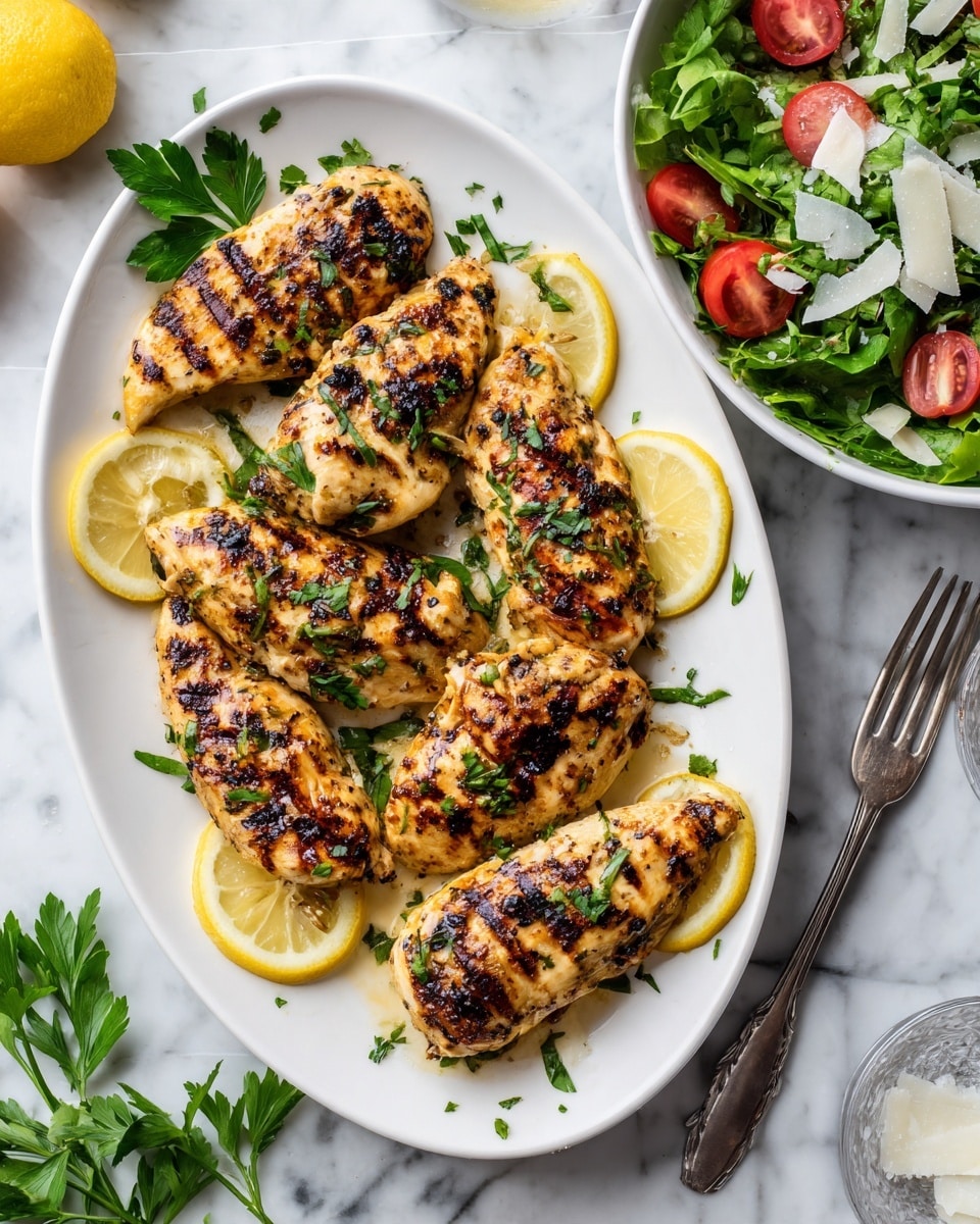 The image shows six grilled chicken fillets on a white oval plate, arranged in two rows over lemon slices evenly spread across the base. The chicken pieces have a golden-brown grilled texture with visible char marks and are garnished with chopped green herbs and a few whole parsley leaves on top. To the right, there is a white bowl filled with fresh green salad leaves, halved cherry tomatoes, and white shavings, resting on a white marbled surface. A silver fork with four prongs lies next to the plate on the same surface. Photo taken with an iphone --ar 4:5 --v 7