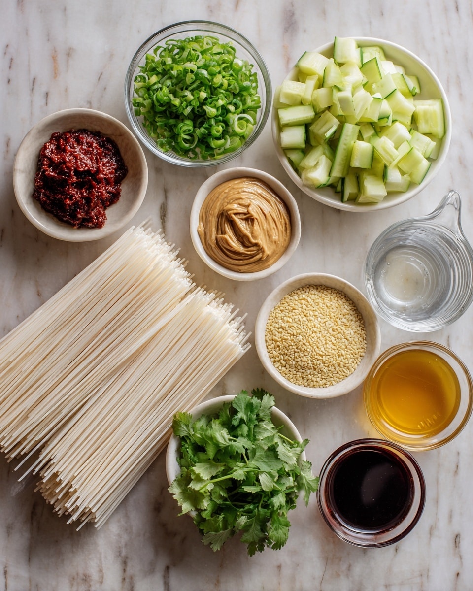 The image shows various ingredients arranged neatly on a white marbled surface. In the center lies a bundle of thin, long white noodles. Around it, in small clear and white bowls, there are bright green chopped scallions, a deep reddish-brown peanut butter, light yellow crushed garlic, beige brown sugar, pale light brown sesame seeds, and fresh green cucumber slices. Additionally, there are small bowls with dark soy sauce, golden honey, a reddish chili sauce, and fresh green cilantro leaves. A clear measuring cup holds water, and the colors and textures of each ingredient stand out clearly. photo taken with an iphone --ar 4:5 --v 7