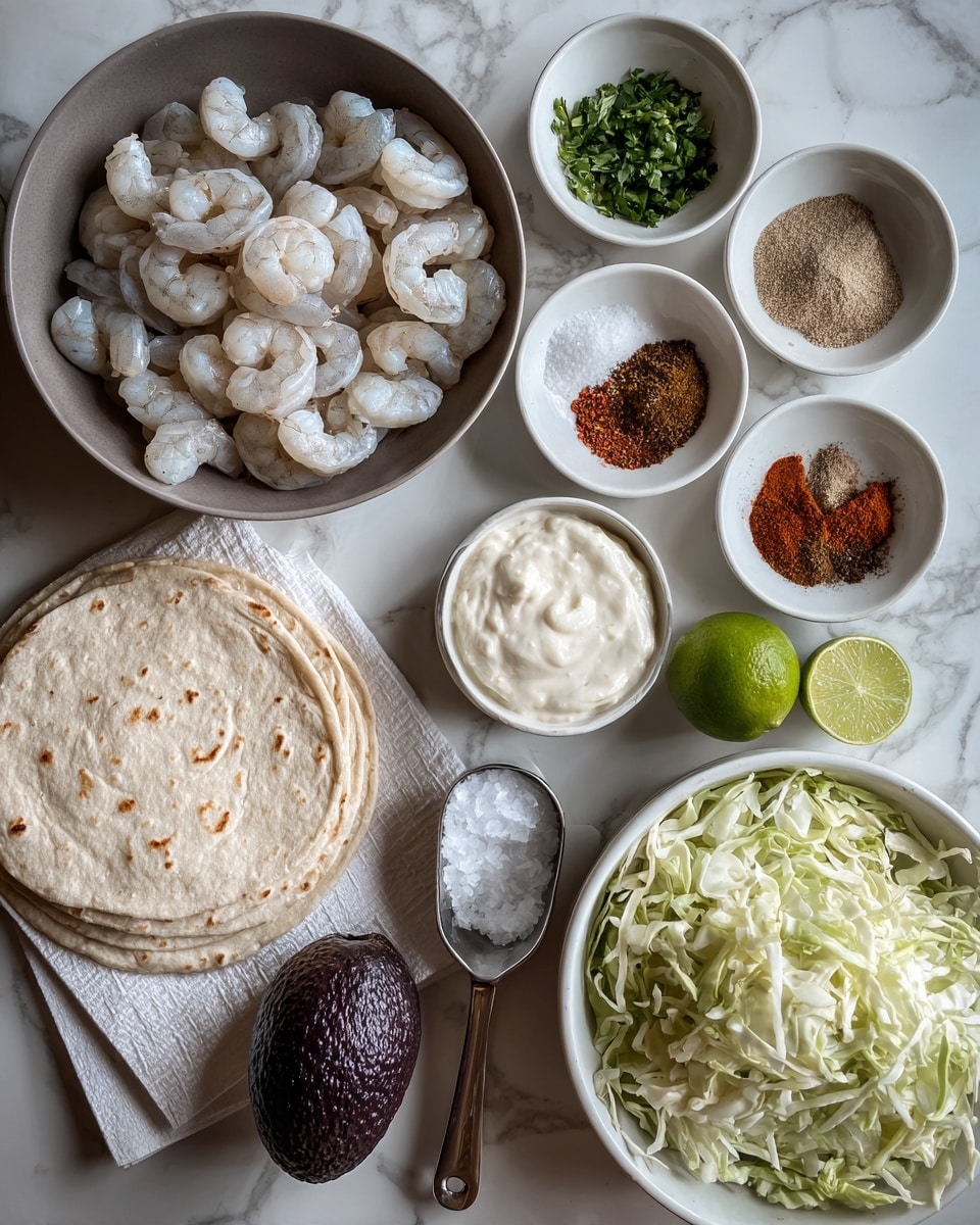 A gray bowl holds peeled shrimp placed on a white paper towel in the center top left. To the right are small white bowls arranged in a loose circle: finely chopped green herbs at top right, minced garlic below it, and a mix of red, brown, and tan spices below that. A white bowl with a creamy white sauce is between the shrimp and spices. A whole dark purple avocado rests on two stacked white tortillas at bottom left. At bottom right, a large bowl holds shredded pale green cabbage with a whole green lime on top. In front of the cabbage are two small bowls, one filled with thick white sauce and the other with coarse salt in a small metal scoop. All are placed on a white marbled surface photo taken with an iphone --ar 4:5 --v 7