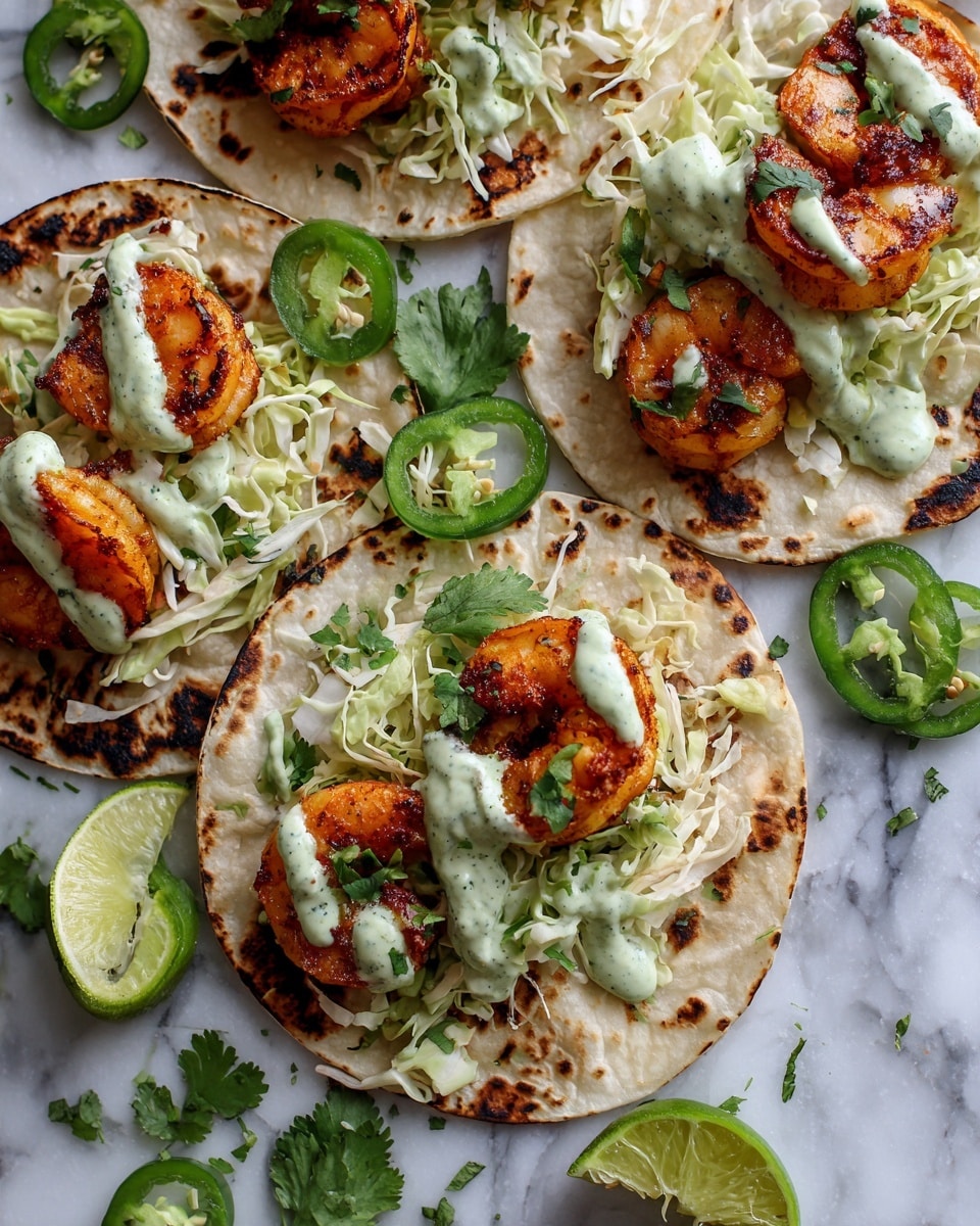 The image shows several small white tortillas with light charred spots, each folded slightly and filled with bright orange grilled shrimp that have a spiced, slightly crispy texture. On top of the shrimp is a layer of thin, shredded pale green cabbage mixed with fresh green chopped herbs. Drizzled over the shrimp and cabbage is a creamy pale green sauce. Around the tortillas are scattered green slices of jalapeño and small sprigs of fresh cilantro, all placed on a white marbled surface with a lime wedge visible near the bottom. Photo taken with an iphone --ar 4:5 --v 7