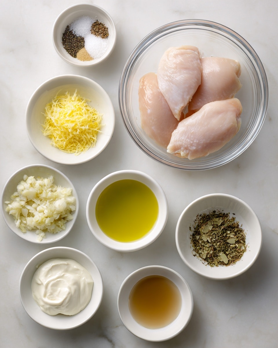 The image shows a white marbled surface with eight white bowls arranged neatly. On the top right, there is a clear glass bowl with three raw chicken pieces, pale pink in color and smooth in texture. Surrounding it are seven smaller white bowls each containing different ingredients: the top left bowl holds a mix of salt and black pepper, below it a bowl with grated yellow lemon zest, next to it a bowl of clear yellow oil, and directly below the oil bowl is a bowl with white creamy yogurt. To the bottom left is a bowl with minced garlic, next to it a bowl with a translucent liquid, and to the right of that, a bowl with a mix of dried herbs and spices in green and brown hues. The last bowl on the bottom right has a light brown liquid. The setup is clean and organized. Photo taken with an iphone --ar 4:5 --v 7