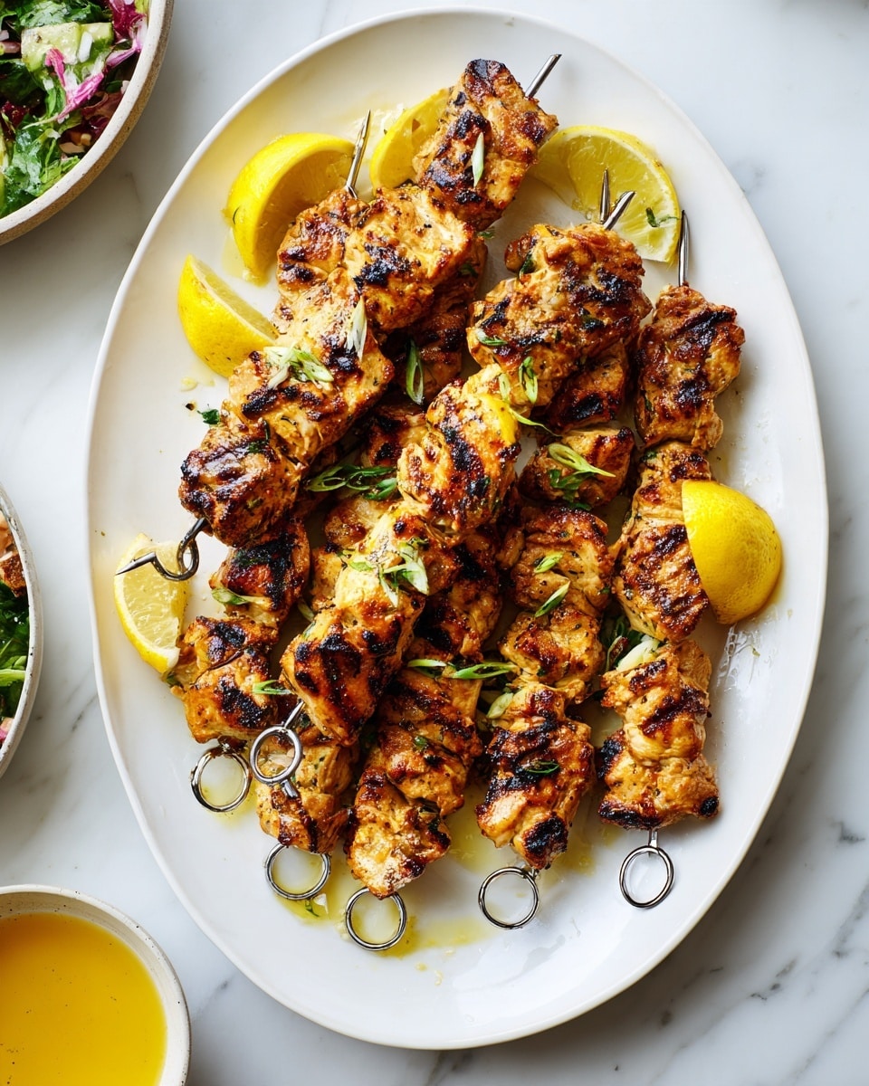 A white oval plate on a white marbled surface holds eight grilled chicken skewers with golden brown grill marks, arranged in a slightly overlapping pattern. Each skewer has small pieces of chicken threaded on a metal stick with a circular loop at the end. Bright yellow lemon wedges are placed between and on top of the skewers, adding pops of color. Small green slices of scallions are scattered lightly over the chicken. In the bottom left corner, part of a bowl with salad and another small bowl with a yellow sauce can be seen. Photo taken with an iphone --ar 4:5 --v 7