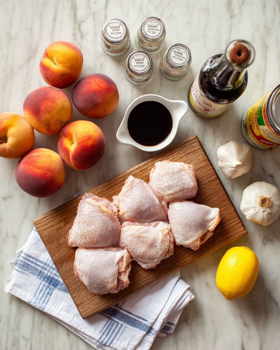 The image shows a wooden cutting board placed on a white marbled surface, holding four raw chicken pieces on a small white cloth with blue stripes at the bottom right. On the left side of the board are four peaches with orange and red skin, arranged close together. Above the peaches, there are four small glass jars with white lids, containing different spices, followed by a small white measuring cup filled with dark brown soy sauce. Next to the sauce is a whole garlic bulb, a dark bottle of Worcestershire sauce, a small white can with green and red label, and a whole yellow lemon on the far right. photo taken with an iphone --ar 4:5 --v 7