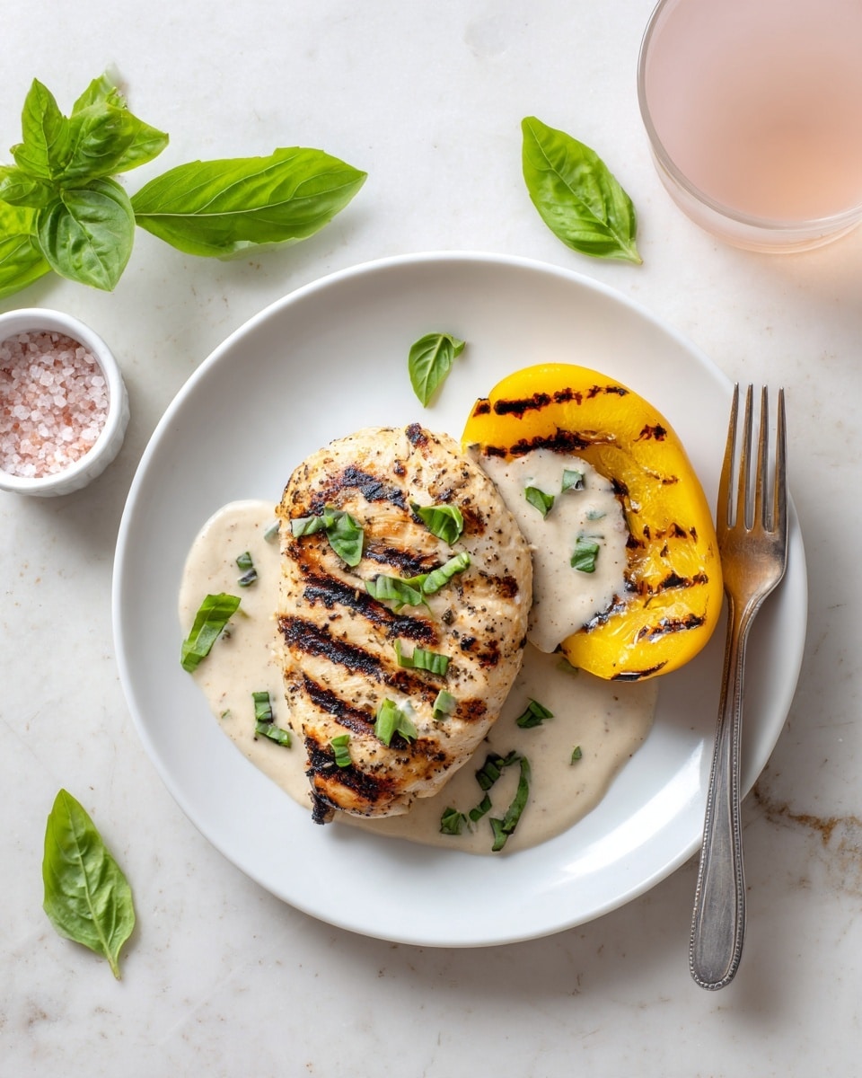 A white plate holds a grilled piece of chicken with clear grill marks, topped with scattered green basil leaves. To the side of the chicken is a grilled yellow pepper half showing dark char marks, placed on a small white dollop of creamy sauce. A silver fork rests on the right edge of the plate. The plate is set on a white marbled surface with a small white bowl of pink salt and a glass with a light pink drink nearby. A few loose basil leaves are also on the surface. photo taken with an iphone --ar 4:5 --v 7