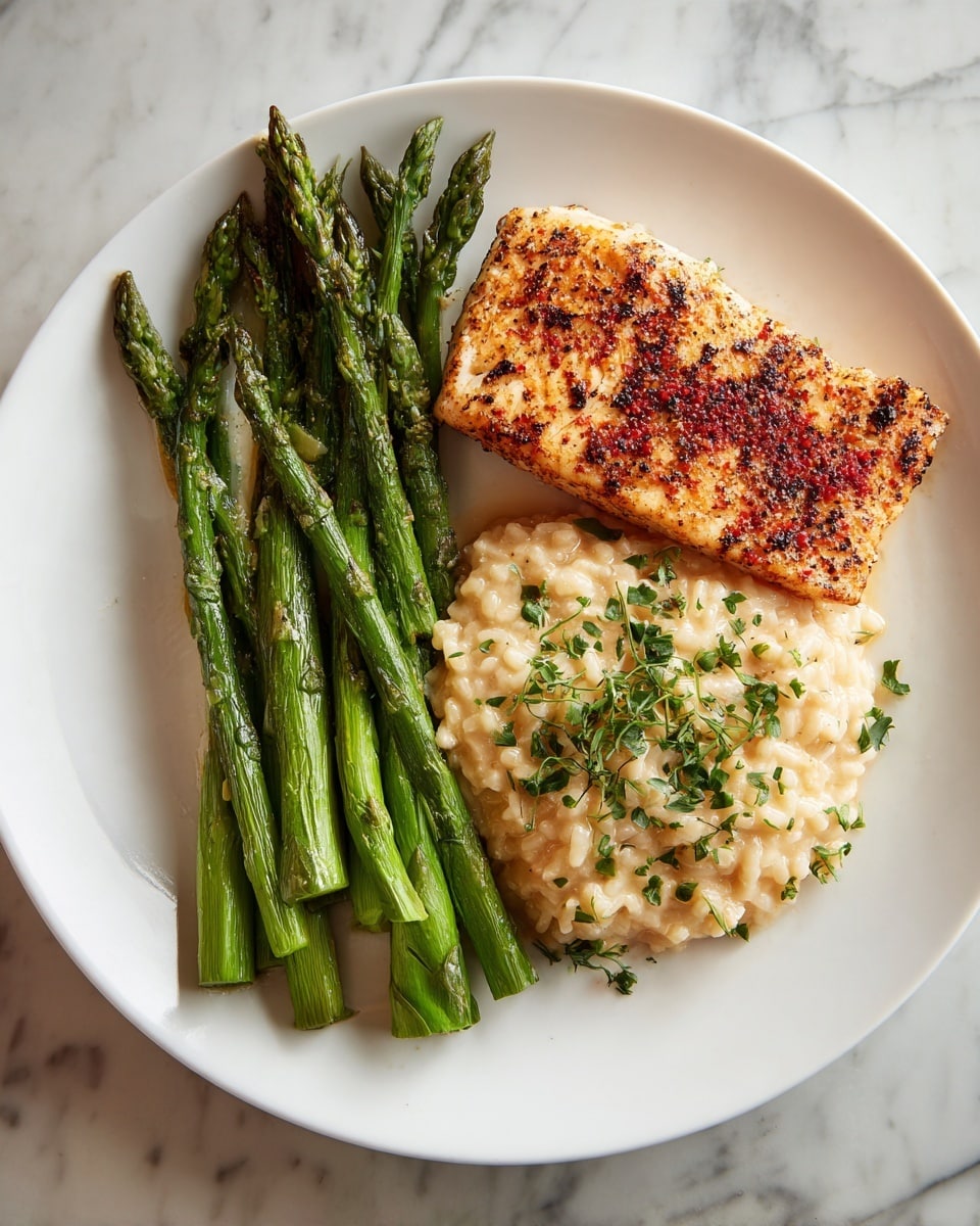 The image shows a white plate with three main parts. On the left, there are several green asparagus stalks with a slight char, arranged vertically close together. On the right side, there is a light brown, seasoned piece of cooked fish with specks of red and black spices on top. Below the fish, there is a creamy beige risotto with visible grains of rice, sprinkled lightly with green herbs. The plate sits on a white marbled surface. Photo taken with an iphone --ar 4:5 --v 7