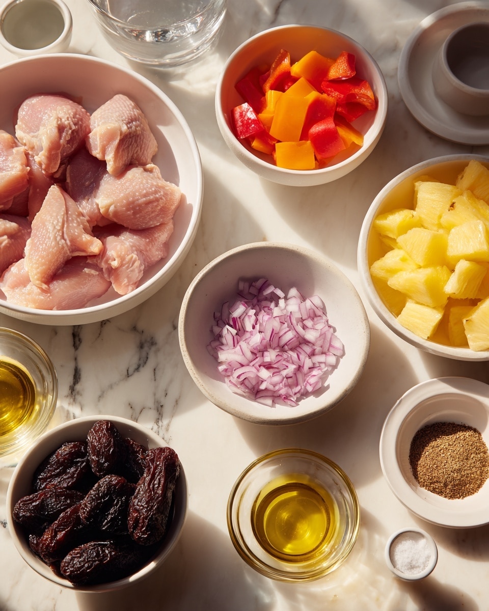 The image shows several white bowls and small containers arranged on a white marbled surface. One large white bowl holds pieces of raw chicken with a pinkish color and smooth texture. Nearby, another white bowl contains bright orange-red chunks of bell pepper. A third white bowl is filled with roughly chopped purple onions. A fourth white bowl holds yellow chunks of pineapple. Small dishes include a round white bowl with a mix of brown and beige spices, a small white cup with a dark liquid, a tiny white bowl with coarse salt and pepper, a clear glass of olive oil, a glass dish with a red paste, and a white bowl with several dried dark brown prunes. The lighting is natural and soft, giving the ingredients a fresh look. photo taken with an iphone --ar 4:5 --v 7
