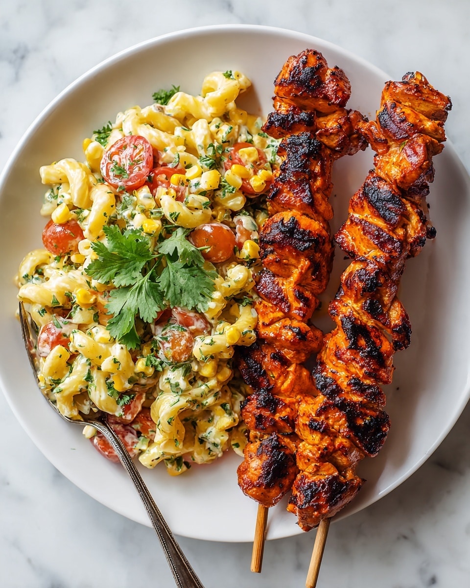 A white plate on a white marbled surface holds two wooden skewers with bright orange grilled chicken pieces, glazed and slightly charred, laying side by side on the right. On the left side of the plate, there is a creamy yellow pasta salad mixed with green herbs, small cherry tomato halves, and corn kernels, with a small sprig of cilantro placed on top for garnish. A silver fork is resting in the pasta salad. The overall look is fresh and colorful, with textures ranging from smooth and creamy to grilled and slightly crispy. photo taken with an iphone --ar 4:5 --v 7