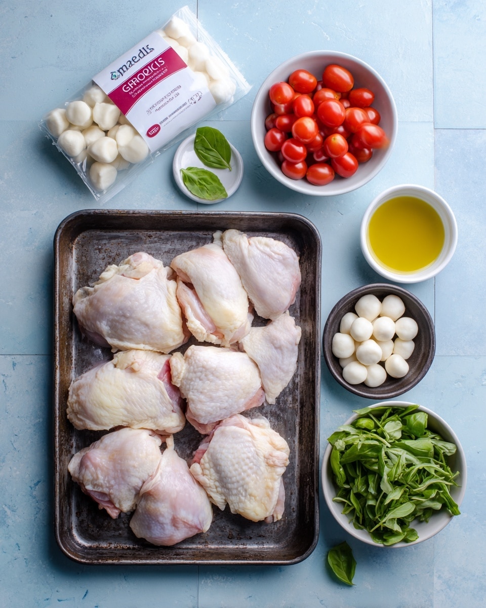 The image shows raw white chicken pieces placed on a dark metal tray on a light blue tiled surface. Around it, there are several white bowls: one filled with small red grape tomatoes, another with mini white mozzarella balls, one with fresh green basil leaves, and another with green arugula leaves. Also visible are a small bowl with olive oil and a small dark bowl containing garlic cloves. A white packet labeled gnocchi lies unfolded near the top left. The scene is arranged neatly with all items clearly visible. photo taken with an iphone --ar 4:5 --v 7