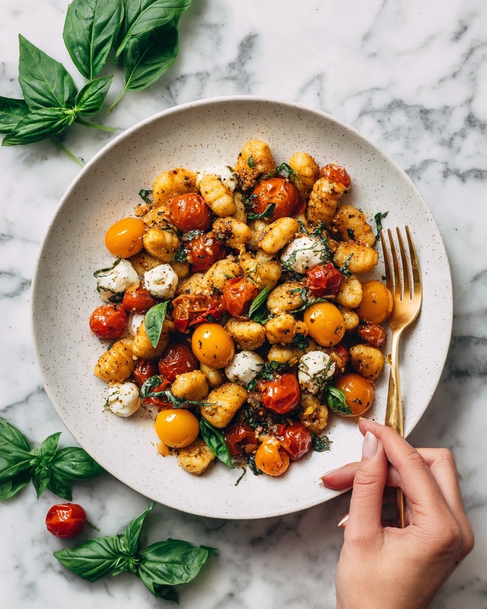 The image shows a white plate with a serving of gnocchi mixed with roasted red and yellow cherry tomatoes, and small white pieces of mozzarella cheese scattered throughout. The gnocchi pieces are golden brown with a slightly crispy look, and the tomatoes appear soft and slightly shriveled from roasting. Fresh green basil leaves are placed on top, adding a pop of color. A woman’s hand is holding a gold fork resting on the right side of the plate. The plate is on a white marbled surface, with some green basil leaves scattered around. Photo taken with an iphone --ar 4:5 --v 7