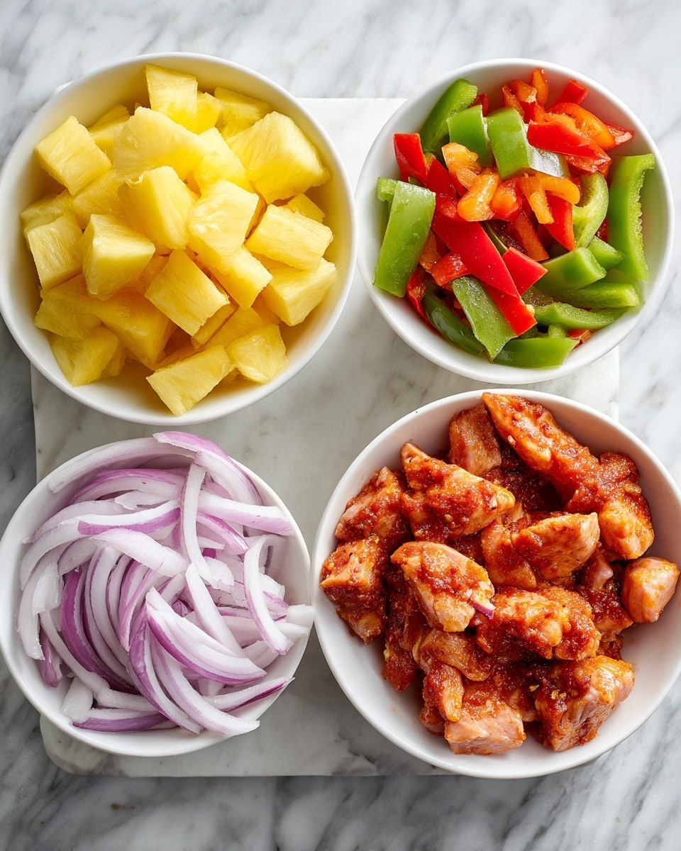 The image shows four white bowls placed on a white marbled surface. The top bowl holds bright yellow pineapple chunks. The bottom right bowl contains chopped red and green bell peppers with a fresh, crisp texture. The bottom left bowl is filled with sliced light purple onions, showing thin, curved layers. The bottom center bowl has small pieces of raw chicken coated with a reddish marinade, appearing moist and glossy. The bowls are arranged in a loose cluster with clear colors and textures. Photo taken with an iphone --ar 4:5 --v 7