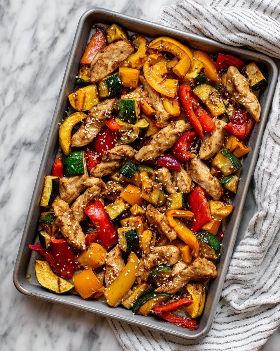 The image shows a metal baking tray filled with cooked chicken strips and roasted bell peppers and squash pieces. The chicken strips are light brown with some darker grill marks, scattered evenly throughout the tray. The bell peppers are a mix of bright red, green, and yellow pieces, and the squash is orange, both with a slightly charred, roasted texture. The vegetables and chicken are cut into medium chunks and mixed well, with some sprinkled white sesame seeds on top. The tray is set on a white marbled surface with a white and gray striped cloth nearby. Photo taken with an iphone --ar 4:5 --v 7