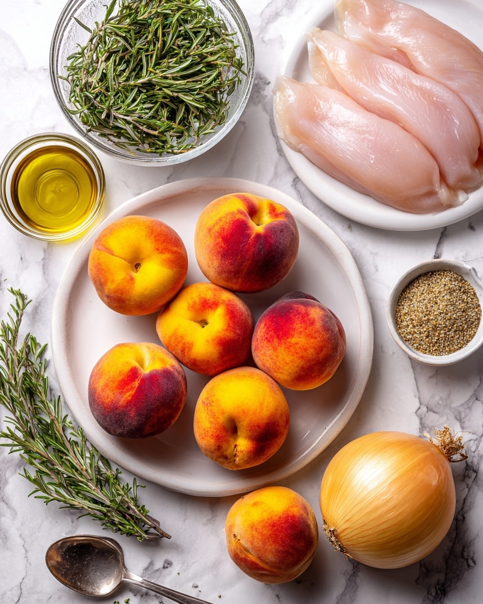 The image shows a white plate at the center with five whole peaches that have bright orange and red colors and a smooth skin texture. To the right of the plate, there is another white plate holding three raw turkey fillets, which are light pink and smooth. Above that plate is a transparent bowl filled with fresh green rosemary sprigs, showing their needle-like texture. Below the peaches, there is a whole yellow onion with a smooth and dry outer layer. To the left side of the peaches, small glass bowls hold olive oil with a shiny, golden color, a spoonful of whole grain mustard which is light brown with a grainy texture, and black pepper in a measuring spoon. The whole setting is on a white marbled surface. A woman's hand holding the spoon is partly visible at the bottom left corner. photo taken with an iphone --ar 4:5 --v 7