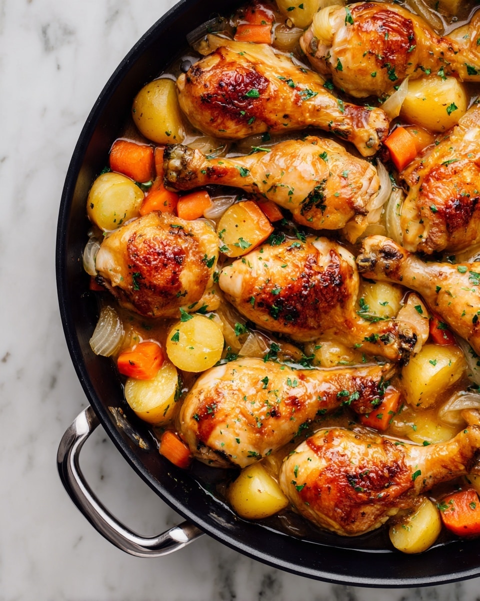 A close-up view of a black skillet filled with golden-brown cooked chicken drumsticks arranged in a single layer, lightly browned and glazed with a glossy sauce. Beneath and around the chicken, there are small, soft pieces of yellow and orange cooked vegetables, possibly potatoes and carrots, mixed with chunks of onions that add texture and color variation. The sauce is thick and shiny, pooling gently at the bottom and coating the chicken and vegetables evenly. The skillet sits on a white marbled surface. Photo taken with an iphone --ar 4:5 --v 7