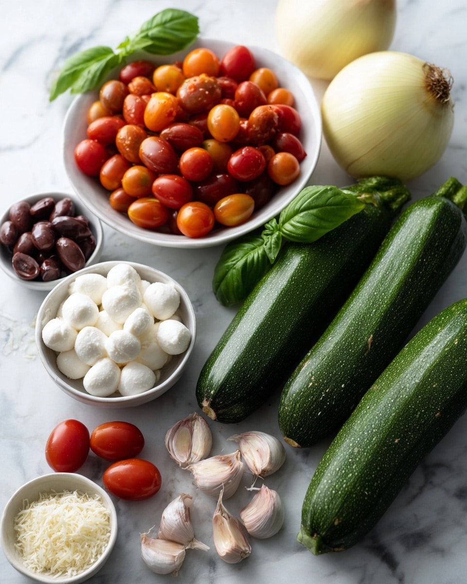 The image shows a variety of fresh ingredients arranged on a white marbled surface. There are two whole green zucchinis on the right side, next to a large yellow onion and several garlic cloves grouped together. In the center, there is a small bunch of fresh green basil leaves with a few red cherry tomatoes nearby. Behind the basil and tomatoes, a white bowl is filled with red and orange cherry tomatoes. To the left, there are three small bowls, one with dark olives, another with white mozzarella balls, and the last filled with grated parmesan cheese. The whole scene looks fresh and colorful, with natural lighting emphasizing the textures and colors of each ingredient. photo taken with an iphone --ar 4:5 --v 7