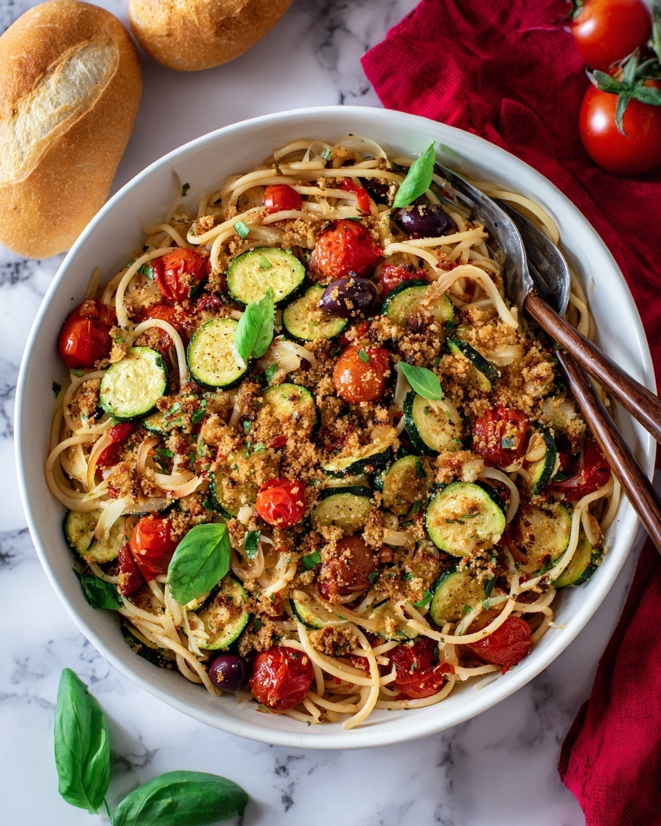 A large white bowl filled with spaghetti pasta forming the bottom layer, topped with roasted sliced green zucchini and cherry tomato halves scattered evenly around. There are also dark purple olives and small pieces of light golden onion mixed in. A crumbly light brown topping, likely made of breadcrumbs or nuts, is sprinkled over everything, along with a few fresh green basil leaves for color. Wooden spoon and fork rest crossed on top of the pasta. The bowl sits on a white marbled surface with two bread rolls in the background on a red cloth. Photo taken with an iphone --ar 4:5 --v 7