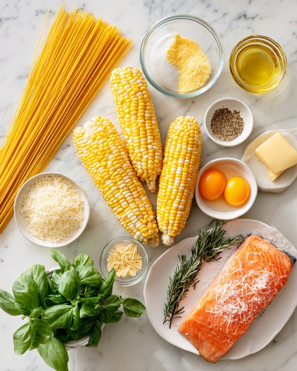 The image shows multiple cooking ingredients on a white marbled surface. In the center, there are three yellow and white corn ears stacked side by side. To the top left, uncooked yellow spaghetti sticks stand upright in a clear glass. Around the corn, there are small white bowls containing various ingredients: a golden oil, minced garlic, salt, bright yellow grated ginger, ground black pepper, a pat of light yellow butter, rich orange egg yolks, and finely grated cheese. A white plate on the lower right holds a raw piece of orange-skinned fish with skin side up. On the lower left, fresh green herbs including basil, rosemary, and thyme fill a white bowl. The overall arrangement is bright and fresh with soft, even lighting. Photo taken with an iphone --ar 4:5 --v 7