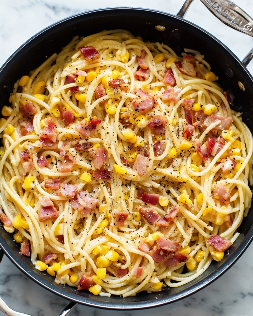 The image shows a close-up of a pan filled with spaghetti pasta mixed with small pieces of cooked bacon and yellow corn kernels evenly spread throughout. The spaghetti strands are light golden yellow, with the bacon pieces showing a mix of pink, red, and brown tones, and the corn adds bright yellow pops of color. The dish is sprinkled with ground black pepper on top. The pan is black with a silver handle, and the background surface is white marbled. Photo taken with an iphone --ar 4:5 --v 7