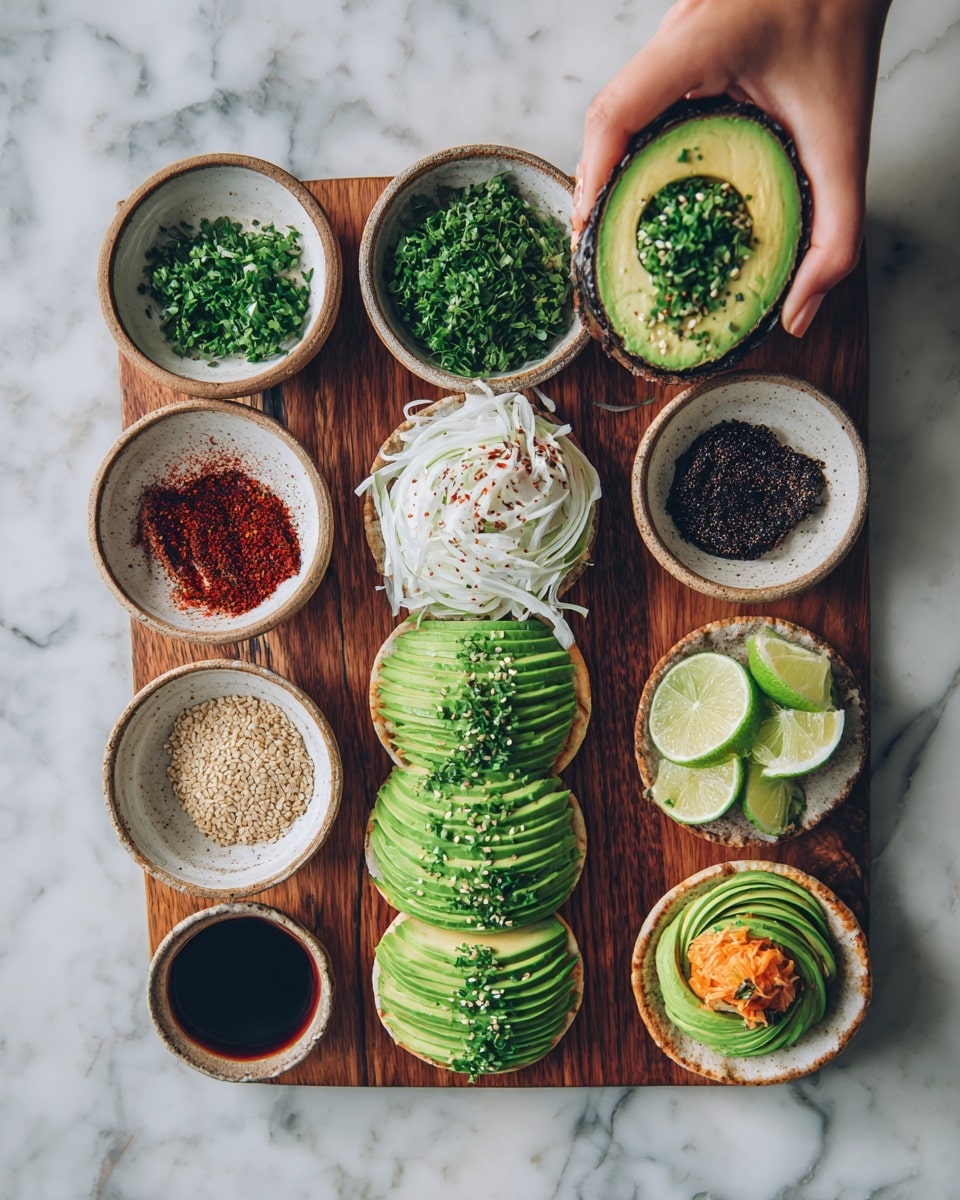 The image shows a wooden board on a white marbled surface holding small round white bowls and fresh ingredients. One bowl holds finely chopped green herbs, another bowl has a mix of red and black powdered spice. There is a bowl with thinly sliced white vegetable strands topped with a light dusting of red spice. A bowl has sesame seeds, and another has slices of lime and orange. The wooden board is also topped with green avocado halves, some shredded orange-colored filling in a bowl, and two mini round crackers each stacked with finely sliced avocado layered in a fan shape and sprinkled with sesame seeds and green herbs. A small bowl of dark soy sauce is also placed on the board. A woman's hand reaches into the frame from the left side holding the avocado half. Photo taken with an iphone --ar 4:5 --v 7