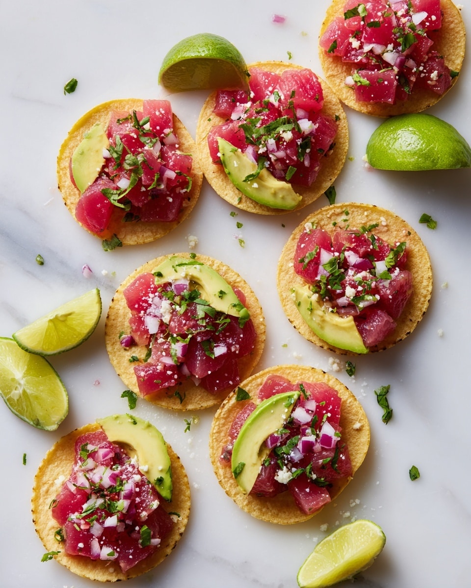 The image shows seven small soft tortillas arranged casually on a white marbled surface. Each tortilla has a base layer of bright pink diced tuna topped with a sprinkle of finely chopped red onions, green herbs, and small bits of white cheese or cream. Some tortillas have thin slices of yellow-green avocado on one side. Scattered around the tortillas are lime wedges adding a fresh touch. The overall scene is colorful, with the creamy, fresh ingredients contrasting against the white marbled background. photo taken with an iphone --ar 4:5 --v 7