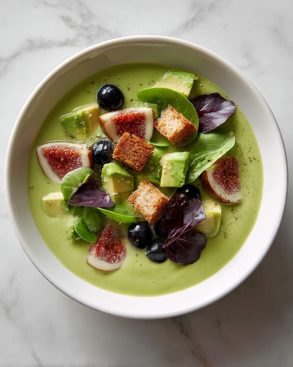 A white bowl filled with a smooth, thick green soup as the base layer. On top, there are several chunky pieces of bright green avocado, dark purple small leaves, thin light brown stick-like croutons, small dark blue berries, and thin slices of red-skinned fruit with white flesh, all spread evenly on the surface. The bowl sits on a white marbled surface. Photo taken with an iphone --ar 4:5 --v 7