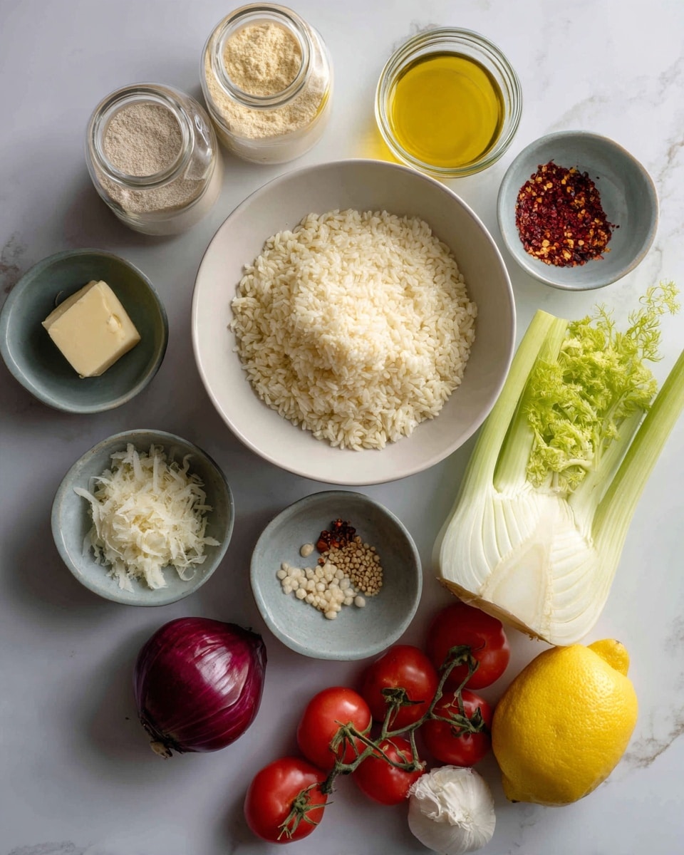 The image shows a top view of cooking ingredients neatly arranged on a white marbled surface. In the center is a white bowl filled with short-grain rice, surrounded by a light gray small bowl of grated white cheese, a gray small bowl with a chunk of pale yellow butter, and another gray small bowl with light brown fennel seeds. Around these are bright red cherry tomatoes on the vine at the bottom right, a fresh yellow lemon to the right, two light green fennel bulbs with feathery tops on the left side, a small purple onion near the bottom left, a single white garlic bulb next to the onion, and a small white bowl with red chili flakes above the lemon. At the top left are two glass jars, one filled with a beige powder and the other with a yellow liquid. The scene is bright and clean with clear detail and natural colors, photo taken with an iphone --ar 4:5 --v 7