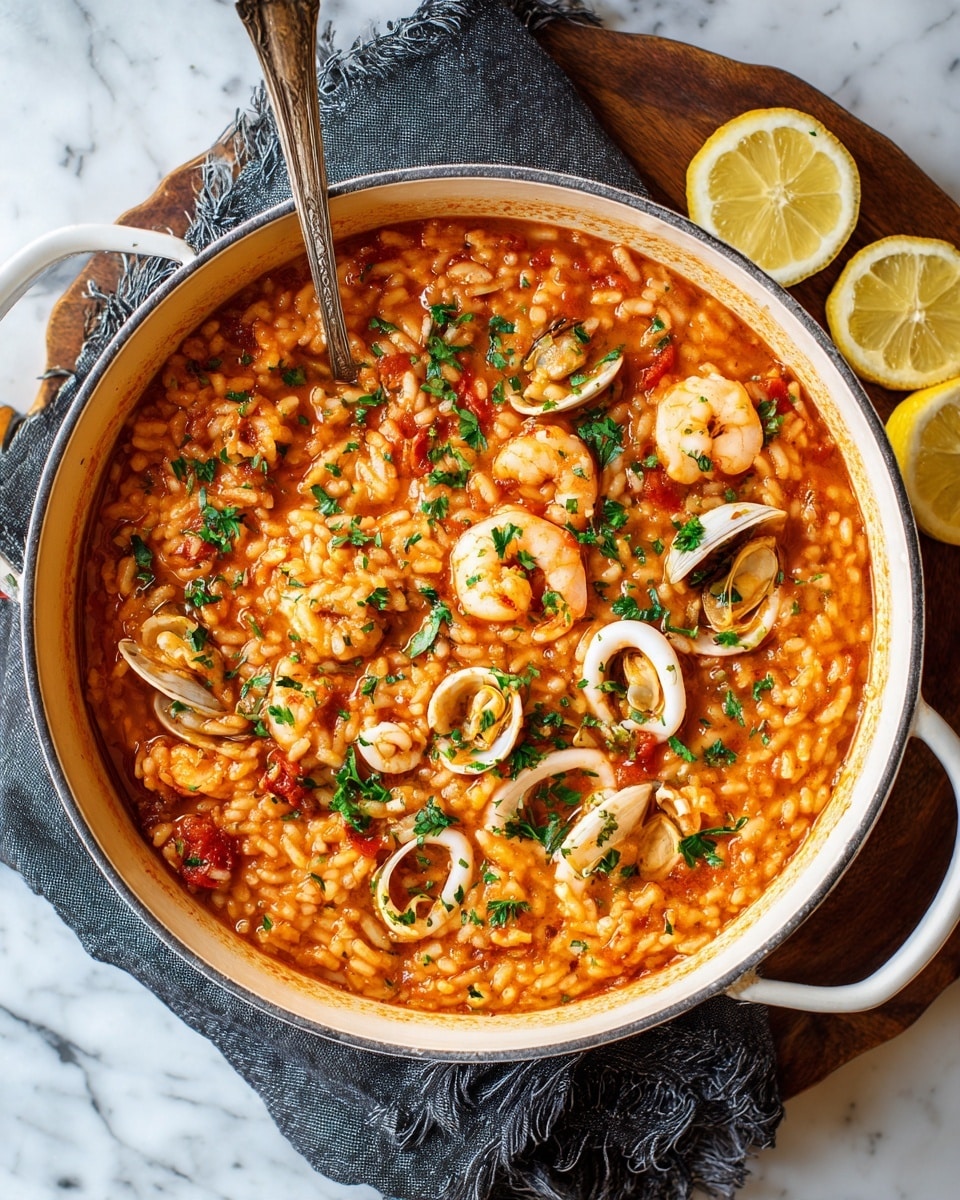 The image shows a white pot filled with seafood risotto. The dish has a thick orange-red sauce with rice spread evenly throughout. Mixed in are different types of seafood, including light pink shrimp, white squid rings, and small clams with brown shells. There are bright red pieces of tomato and some green parsley leaves sprinkled on top. A large silver spoon is resting inside the pot on the left side. The pot sits on a dark cloth over a gray board, with three lemon wedges placed on the top right corner. The background is a white marbled surface photo taken with an iphone --ar 4:5 --v 7