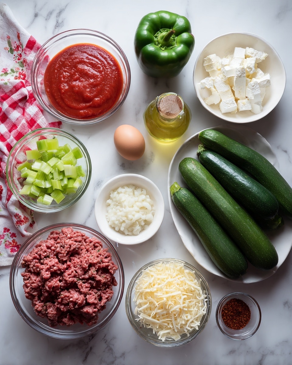 This image shows a top-down view of various fresh ingredients arranged neatly on a white marbled surface. There is a white bowl at the center right filled with six medium-sized green zucchinis. To the left of the zucchinis, a clear glass bowl contains bright red tomato sauce, and above it, a whole green bell pepper sits directly on the surface. Near the top right is a clear glass bowl filled with white cheese, next to a small bottle of clear olive oil. Below the tomato sauce, another clear bowl holds chopped celery. Towards the bottom center, a clear glass bowl is filled with raw red ground meat, next to a smaller clear bowl with shredded light yellow cheese. To the right, a smaller clear bowl has finely chopped white onions, and in front of that, a small clear dish contains minced garlic. Beside these, there is a small clear bowl with a reddish spice, and an egg is placed near the cheese. A red and white checkered cloth with floral detail is spread on the left side. The whole setup is evenly lit and organized, showcasing fresh colors of green, red, white, and yellow. Photo taken with an iphone --ar 4:5 --v 7