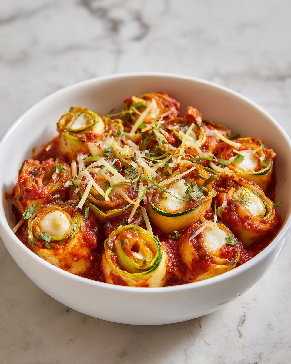 A white bowl filled with small, rolled pieces of golden pasta wrapped around thin green zucchini slices and white cheese in the center, all covered with a thick red tomato sauce. The dish is topped with thin shreds of light yellow cheese and small pieces of green herbs, scattered over the pasta rolls. The bowl is placed on a white marbled surface with a slightly textured finish. photo taken with an iphone --ar 4:5 --v 7