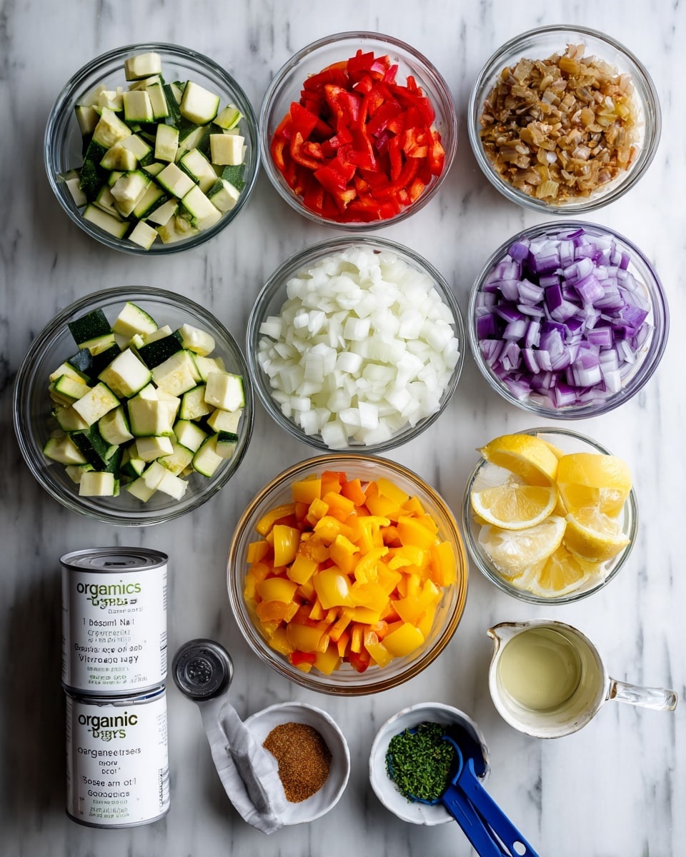 The image shows several clear glass bowls of different sizes placed on a white marbled surface. The largest bowl in the center holds white diced onions, surrounded by smaller bowls containing red diced bell peppers, chopped eggplants with purple skin and white flesh, green and yellow zucchini pieces, minced garlic, and grated ginger. Two white cans labeled
