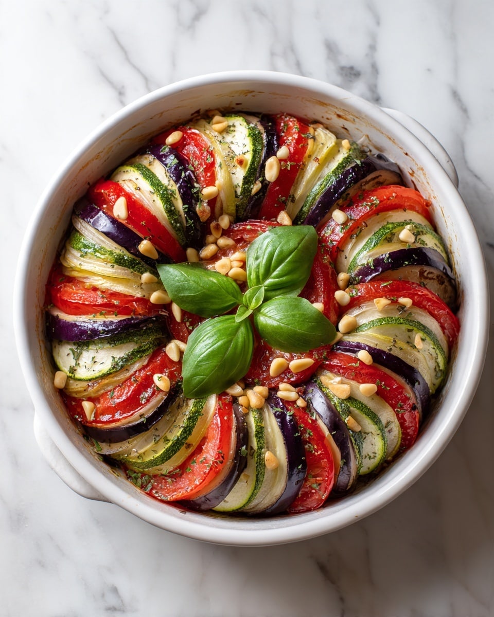 A round white ceramic dish holds a colorful layered vegetable tian arranged in a circular pattern. The layers alternate slices of deep purple eggplant, bright red tomato, and green zucchini, with each slice slightly overlapping the next. Golden-brown roasted garlic cloves and small pine nuts are scattered across the top. The vegetables have a light roasted texture with a bit of herbs sprinkled over them. In the center, three fresh bright green basil leaves add a pop of color. The dish is placed on a white marbled surface. Photo taken with an iphone --ar 4:5 --v 7
