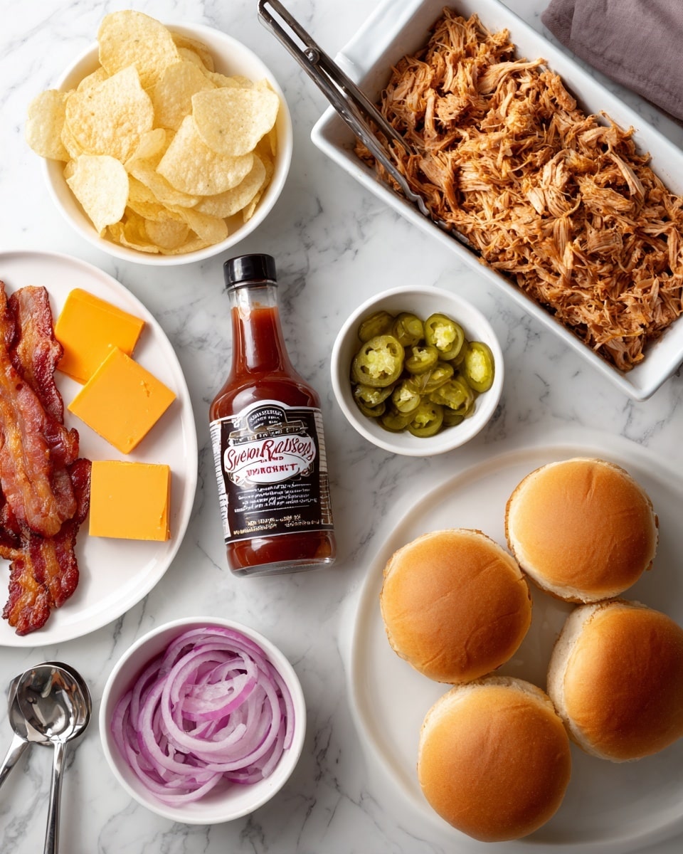 The image shows ingredients for a barbecue sandwich spread on a white marbled surface. There is a white rectangular dish filled with shredded, cooked meat in the top right corner. Next to it, there are three slices of bright orange cheddar cheese stacked neatly on a white plate. Below that is a small white bowl with sliced green jalapeños. In the center, a bottle of Sweet Baby Ray's barbecue sauce lies horizontally, with a white label and red details. To the left of the sauce, a white plate holds crispy, golden-brown bacon strips with a pair of metal tongs resting on top. Above the bacon, a white bowl contains potato chips. A smaller white bowl with sliced pickles and a spoon is placed below the bacon. Below the pickles, there are three sandwich buns with a rich golden-brown crust. At the bottom center, a white plate holds thinly sliced red onions. The whole setup is clean and organized, ready to assemble sandwiches, photo taken with an iphone --ar 4:5 --v 7