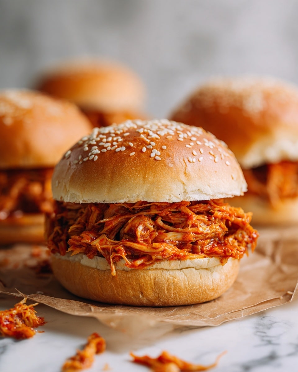 The image shows a close-up of a sandwich with two layers: the bottom layer is a soft, light brown sandwich bun, and the top layer is a similar sesame seed-covered bun. Between the buns, there is a thick, messy layer of shredded, saucy pulled meat with a reddish-orange color. The sandwich is placed on a piece of brown parchment paper on a white marbled surface. In the background, more sandwiches are slightly visible, with some scattered shredded meat near the main sandwich. The photo taken with an iphone --ar 4:5 --v 7