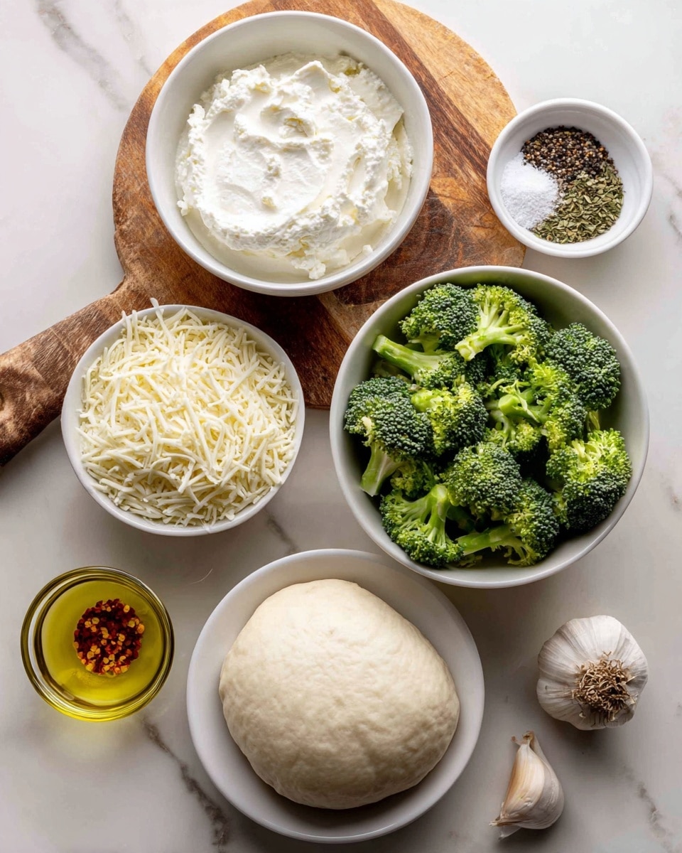 The image shows a top view of cooking ingredients arranged neatly on a white marbled surface. There is a white bowl with smooth, soft white cream cheese at the top left on a round wooden board along with a small white bowl containing mixed seasonings like salt, black pepper, and herbs next to it. Below the wooden board is another white bowl filled with lots of shredded white cheese. On the right side, there is a white bowl full of bright green broccoli florets, and below that is a white bowl holding a round, smooth ball of pale dough. At the bottom left, a clear glass container holds golden olive oil with red chili flakes inside. A bulb of fresh garlic sits at the upper right corner. photo taken with an iphone --ar 4:5 --v 7