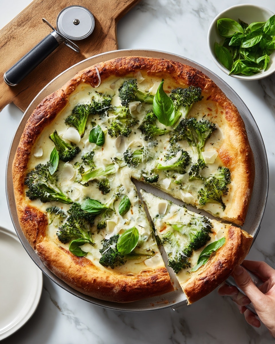 A round pizza with a thick golden-brown crust sits on a metal pizza peel held by a woman's hand. The pizza has a creamy white sauce base, topped with melted white cheese melted over the surface, and bright green broccoli florets spread evenly. Thin slices of white garlic are scattered on top. The pizza rests on a white marbled surface next to a wooden board holding a white plate and a black-handled pizza cutter, with a small white bowl filled with fresh green basil leaves nearby. Photo taken with an iphone --ar 4:5 --v 7