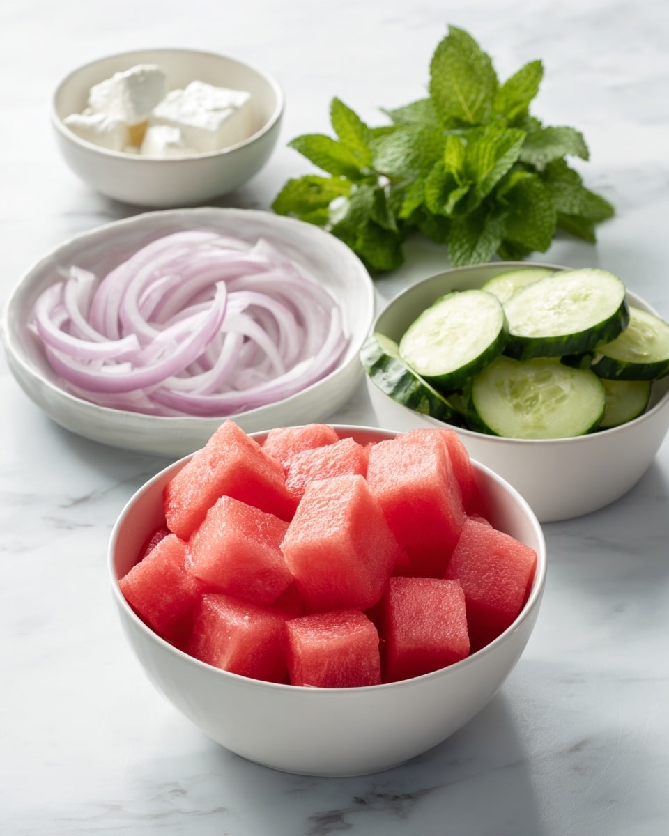 The image shows four white bowls on a white marbled surface. The largest bowl in the front is filled with small, even cubes of bright red watermelon. Behind it to the left, there is a small bowl filled with thin slices of light purple onion. To the right of the onion bowl, a small bowl holds several bright green cucumber slices. Next to the small bowls, there is a fresh bunch of green mint leaves. Above the bowls, a white container of soft white mozzarella cheese is visible. photo taken with an iphone --ar 4:5 --v 7