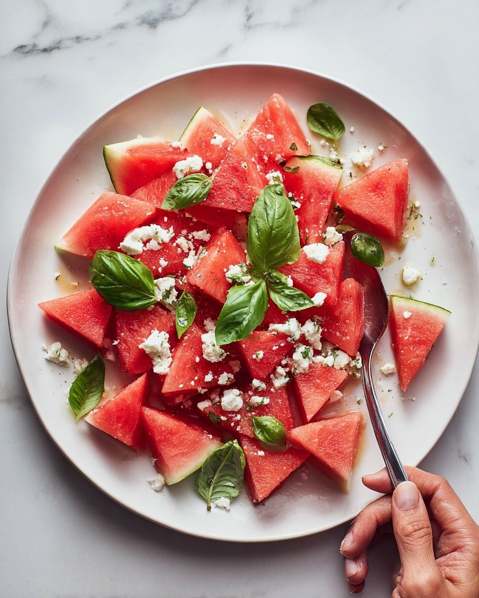 A white plate holds a fresh watermelon salad with triangular red watermelon slices spread evenly across the plate. On top, there are small white crumbles of cheese scattered around, along with bright green basil leaves placed randomly. A silver spoon is partially resting on the watermelon, with a woman's hand holding it gently, ready to serve. The background is a white marbled surface. Photo taken with an iphone --ar 4:5 --v 7