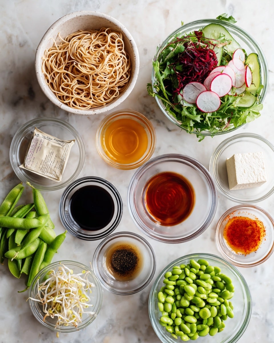 The image shows various small clear bowls arranged on a white marbled surface, each containing different ingredients for a recipe. There is a white bowl filled with cooked light brown noodles on the left. Next to it is a white bowl with mixed greens and thinly sliced radishes on top. Around these bowls are several small clear bowls holding different sauces and spices in colors like orange, light yellow, black, red, and white. Also visible is a packet of tofu, a whole green cucumber, and a pile of fresh green edamame to the left bottom. The setting looks clean and organized, with a bright and clear atmosphere, photo taken with an iphone --ar 4:5 --v 7