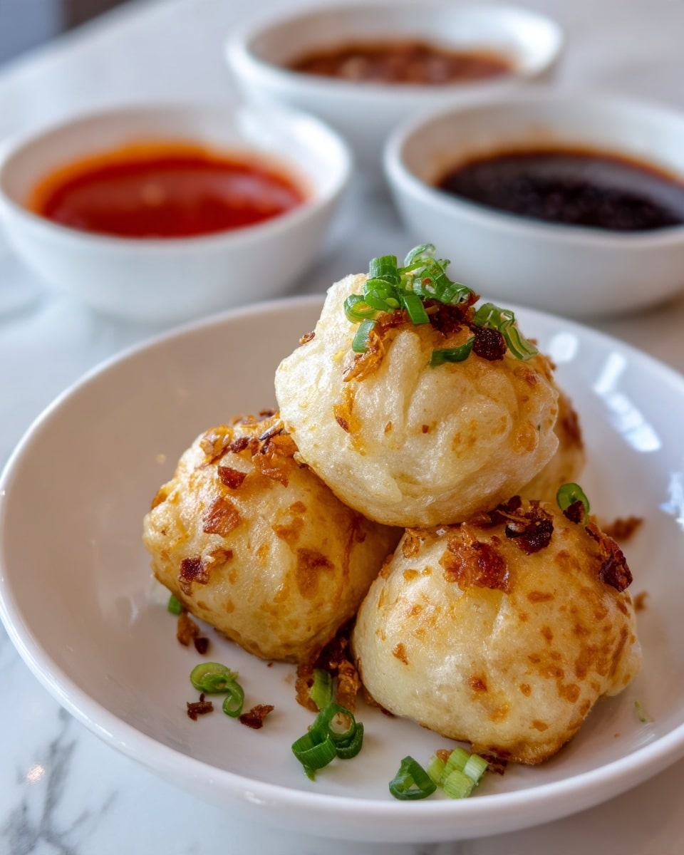The image shows three golden-brown dumplings stacked on a white plate. The dumplings have a slightly shiny, soft texture with small bits of fried garlic sprinkled on top and pieces of green onion garnish. Behind the dumplings, there are small white bowls filled with red and dark brown sauces. The plate rests on a white marbled surface. Photo taken with an iphone --ar 4:5 --v 7