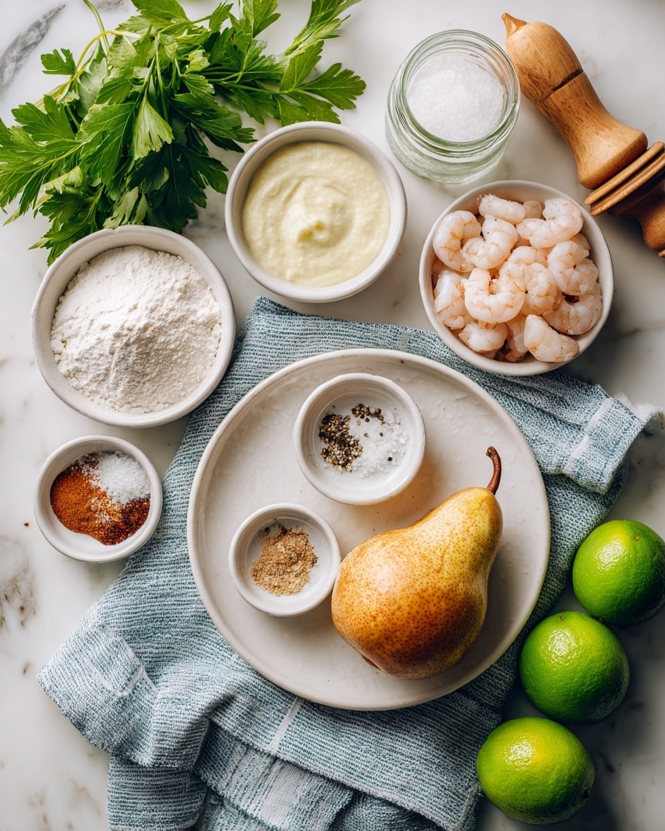 The image shows a white plate with a peeled light brown pear on the right side, placed on a blue and white striped cloth on a white marbled surface. Surrounding the plate are several small white bowls and jars arranged in a casual layout: one bowl with pale yellow creamy sauce near the top center, a jar filled with white flour on the left, a small bowl full of light pink cooked shrimp in the middle, another white bowl with coarse salt topped with black pepper next to some fresh green parsley leaves on the upper left, and two small white bowls with reddish and brownish spices near the bottom left. At the bottom right are two whole bright green limes and two lime halves. An unpainted wooden citrus reamer lies near the limes, and a woman's hand is gently touching the plate. The setting is bright and fresh. Photo taken with an iphone --ar 4:5 --v 7