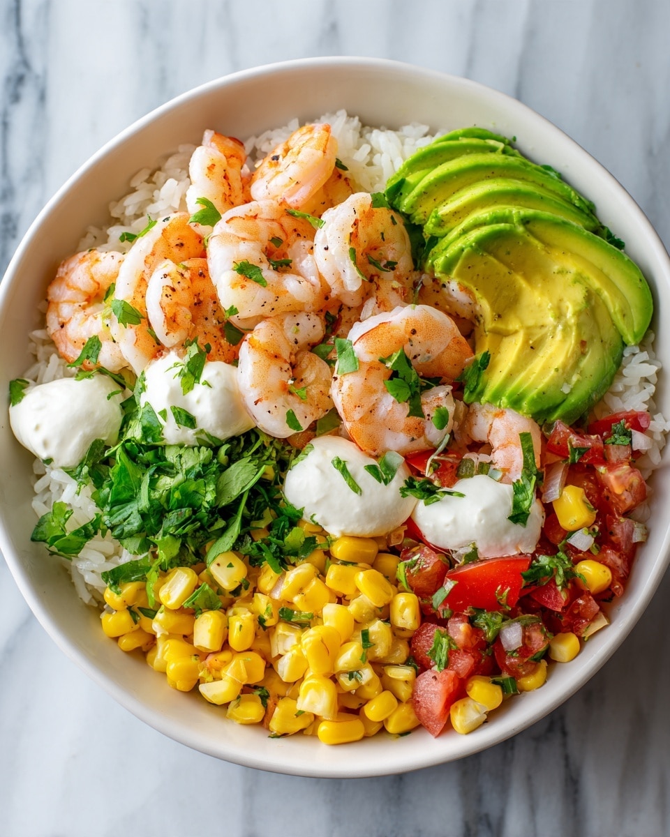 A white bowl holds a colorful shrimp salad with about three layers: the bottom layer has white rice, topped with a mix of bright yellow corn, red diced tomatoes, and green leafy cilantro scattered across the middle layer. The top layer features pink shrimp arranged evenly, with sliced green avocado and creamy white dollops, all placed against a white marbled surface. The overall dish looks fresh and vibrant. photo taken with an iphone --ar 4:5 --v 7